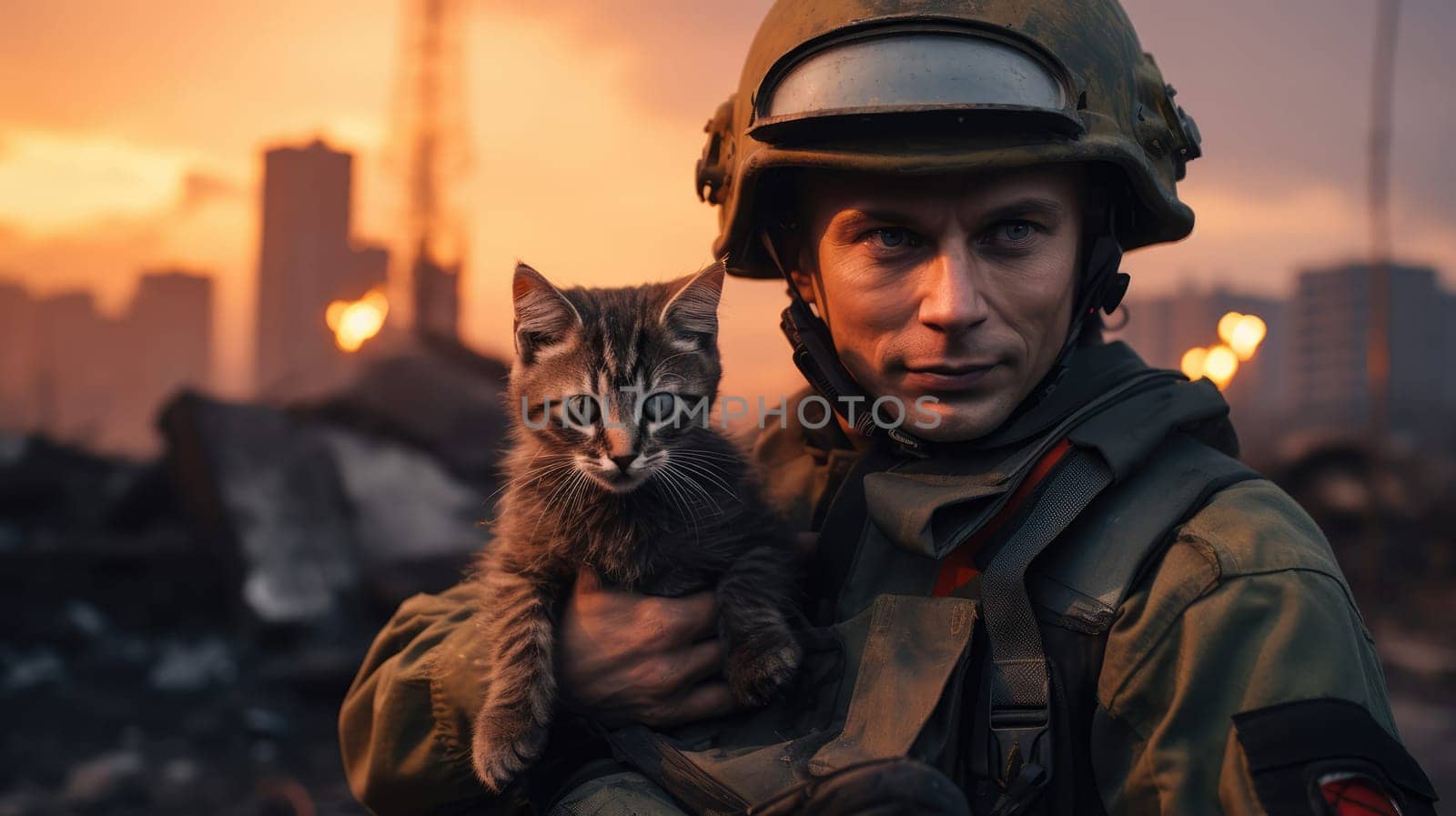 War and domestic animals. Portrait of a military man with a gun holding a kitten in his arms during the warfare