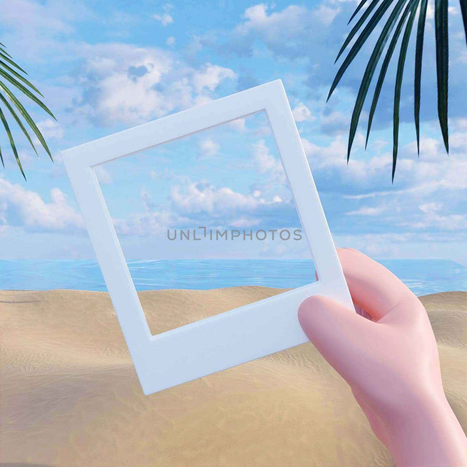 3d illustration of a tropical island. hand hold blank picture frame on a beach. Travel and vacation concept. Concept of summer. illustration banner 3d rendering illustration.