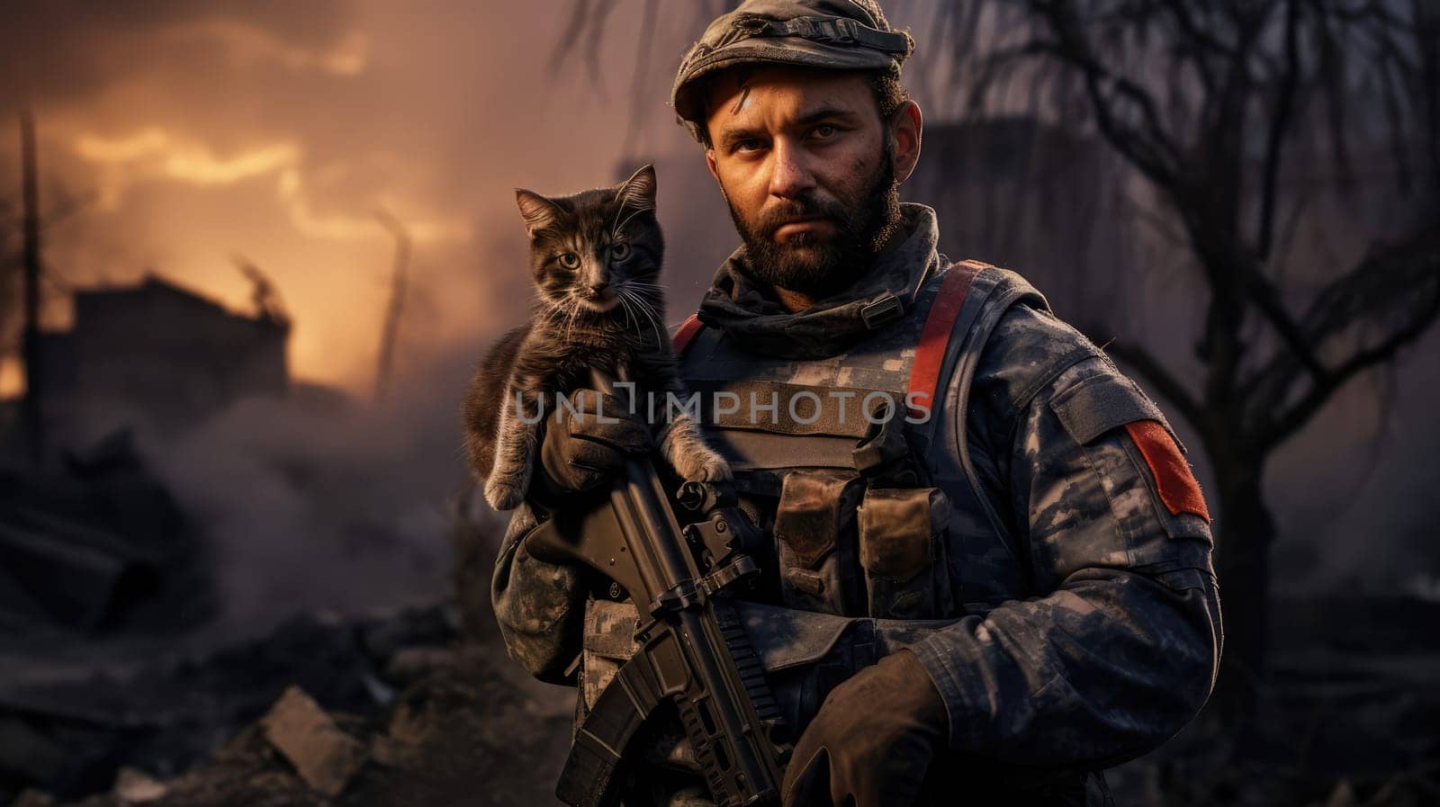 Portrait of a military man with a gun holding a kitten by palinchak