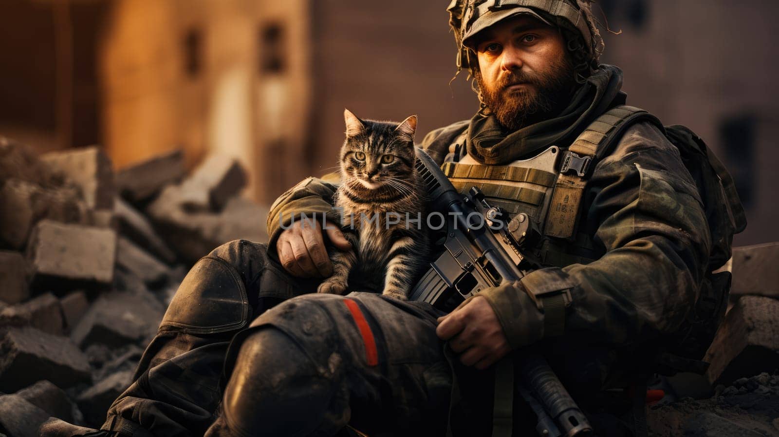 War and domestic animals. Portrait of a military man with a gun holding a kitten in his arms during the warfare