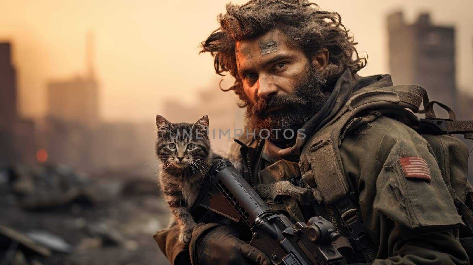 War and domestic animals. Portrait of a military man with a gun holding a kitten in his arms during the warfare