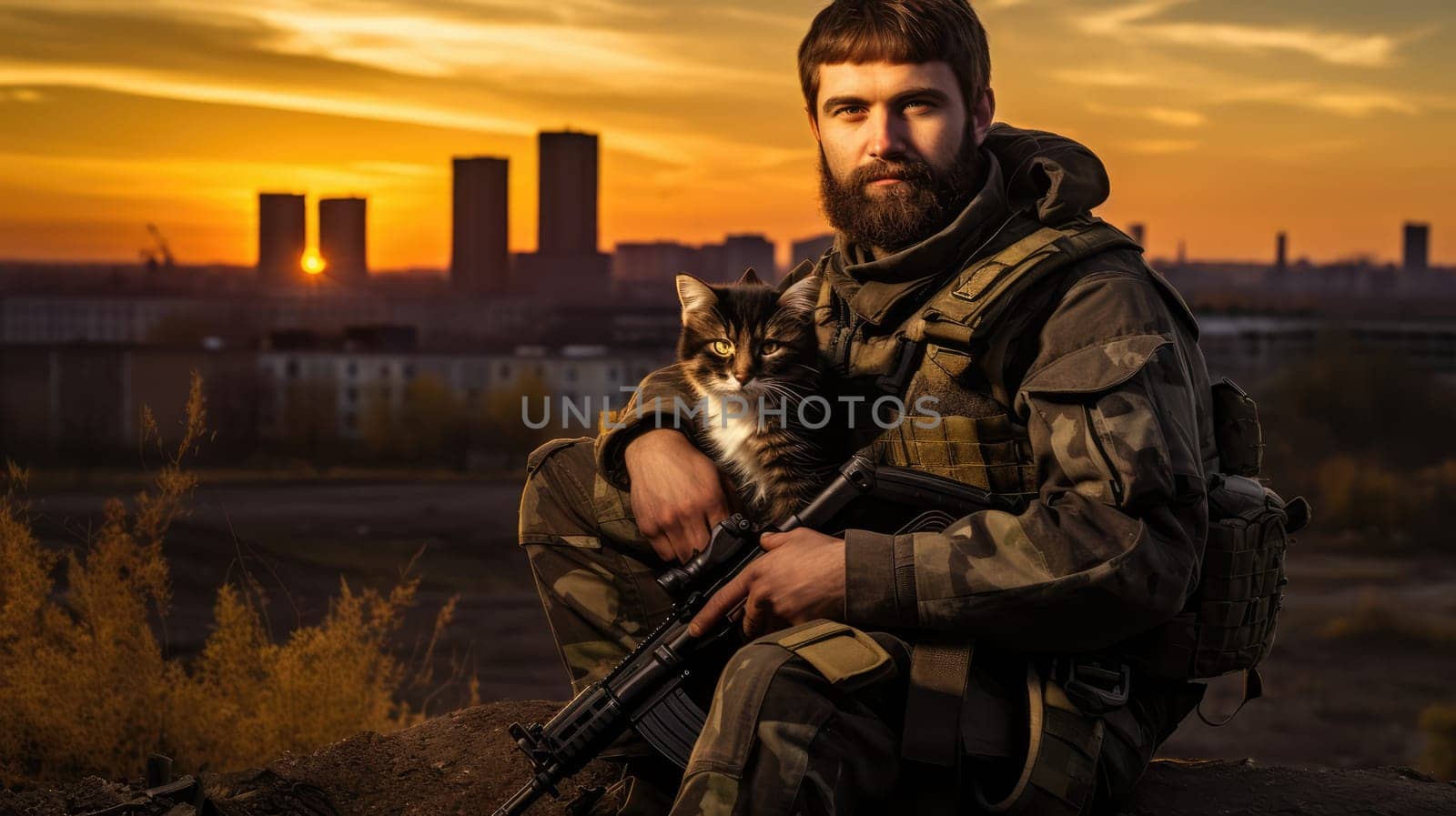 War and domestic animals. Portrait of a military man with a gun holding a kitten in his arms during the warfare