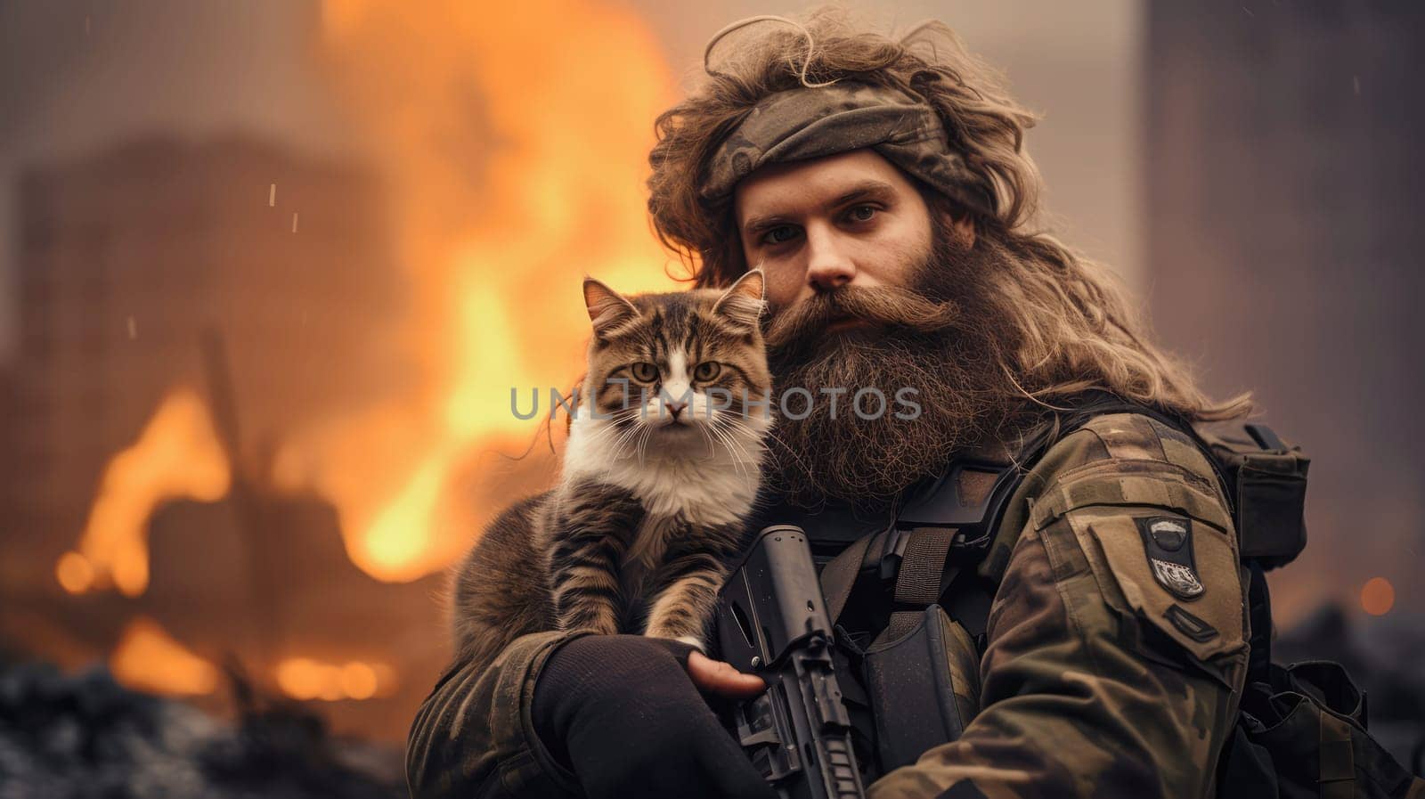 War and domestic animals. Portrait of a military man with a gun holding a kitten in his arms during the warfare