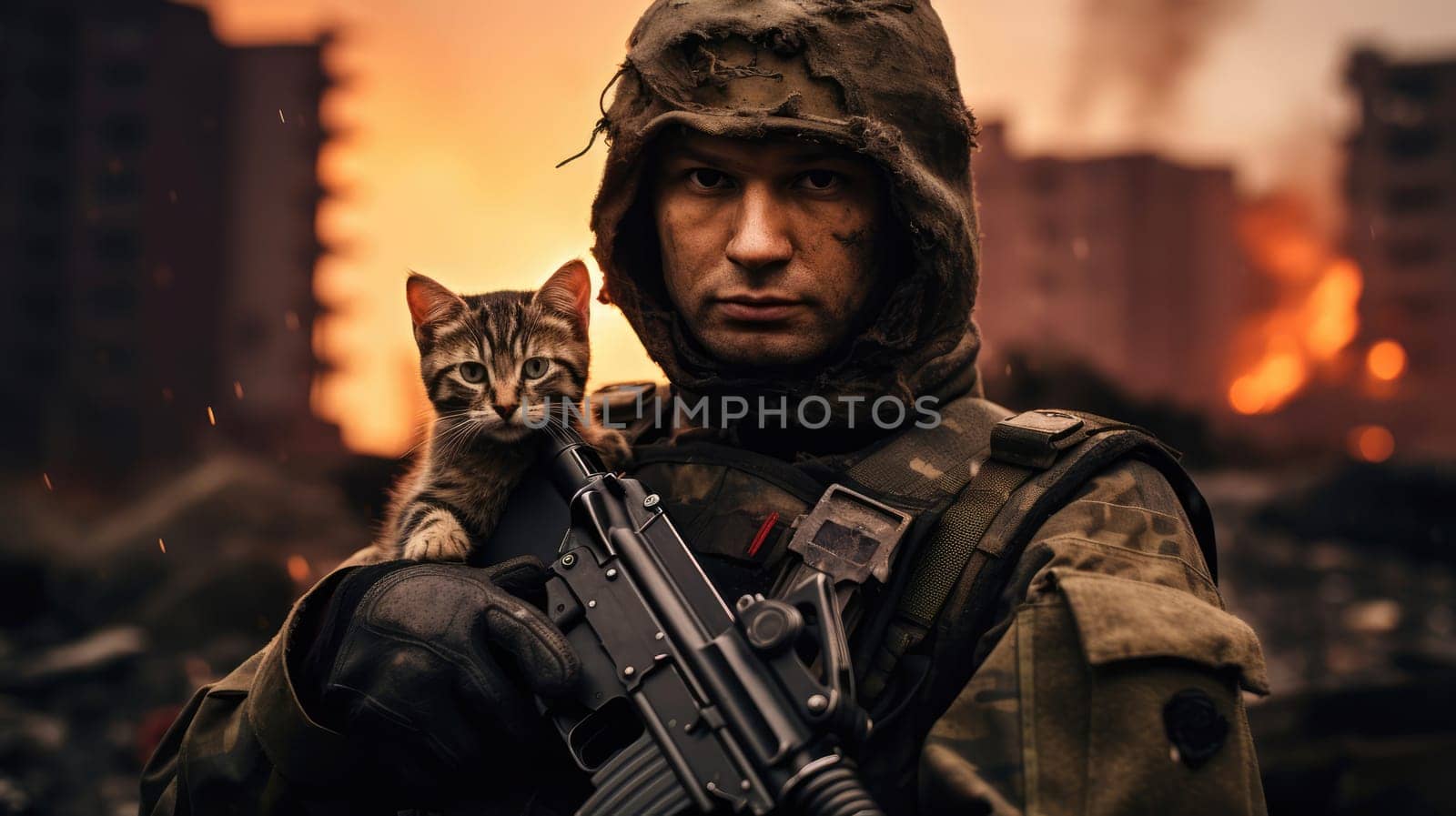 War and domestic animals. Portrait of a military man with a gun holding a kitten in his arms during the warfare