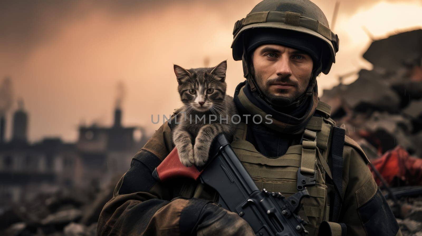 War and domestic animals. Portrait of a military man with a gun holding a kitten in his arms during the warfare