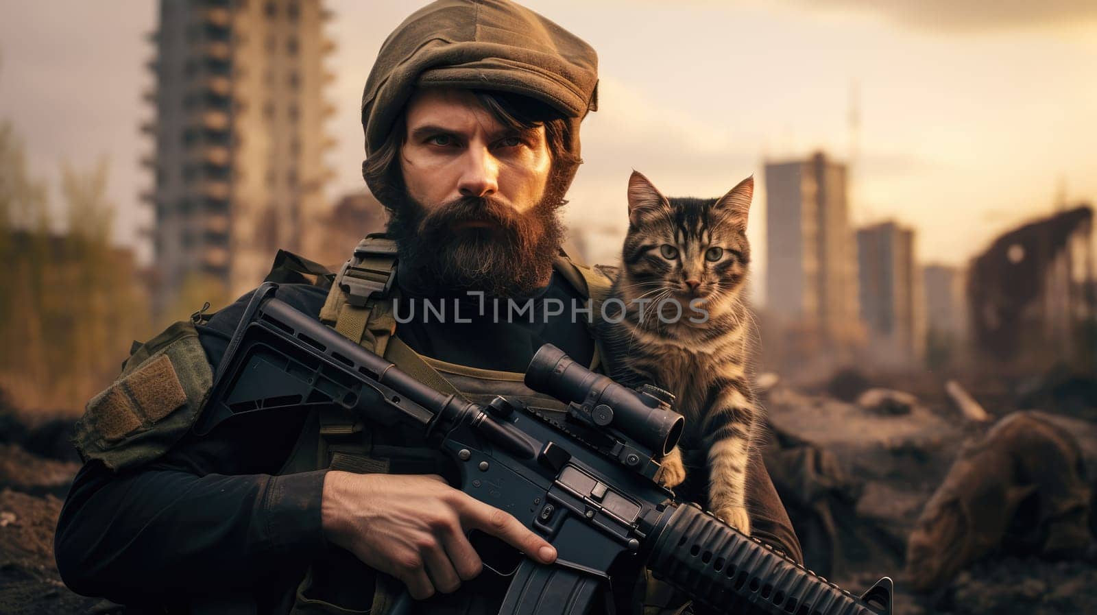 Portrait of a military man with a gun holding a kitten by palinchak