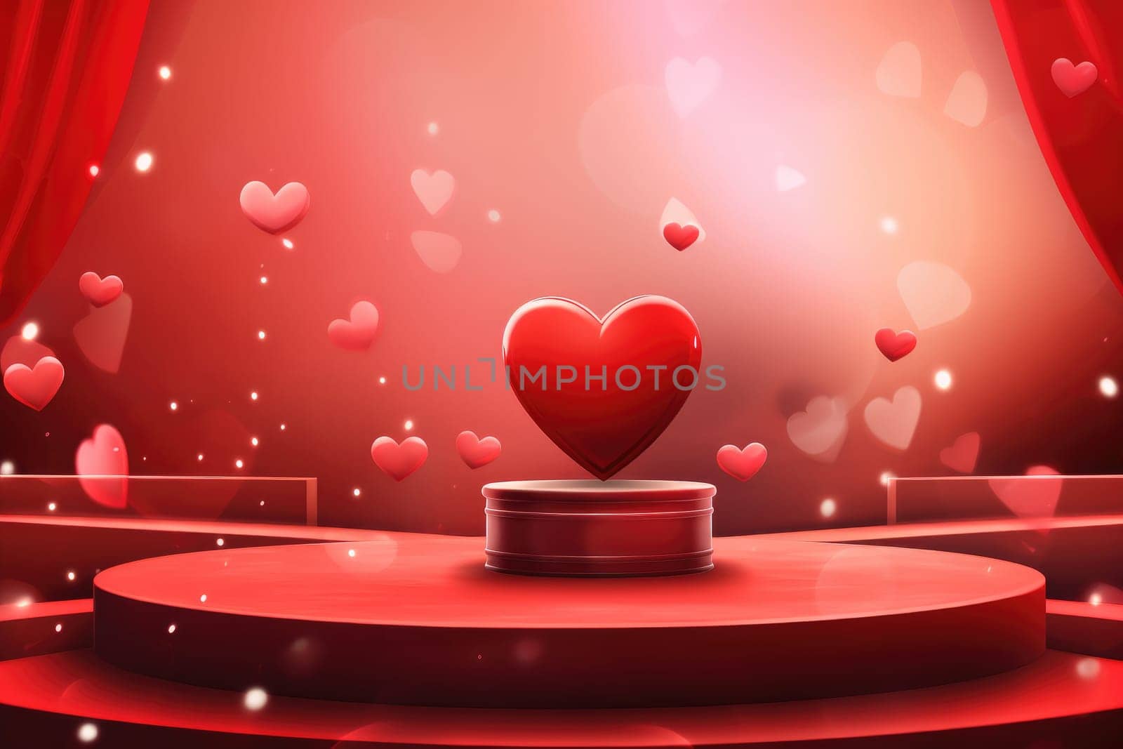 Valentines podium pedestal with 3d pink heart and cloud . generative ai.