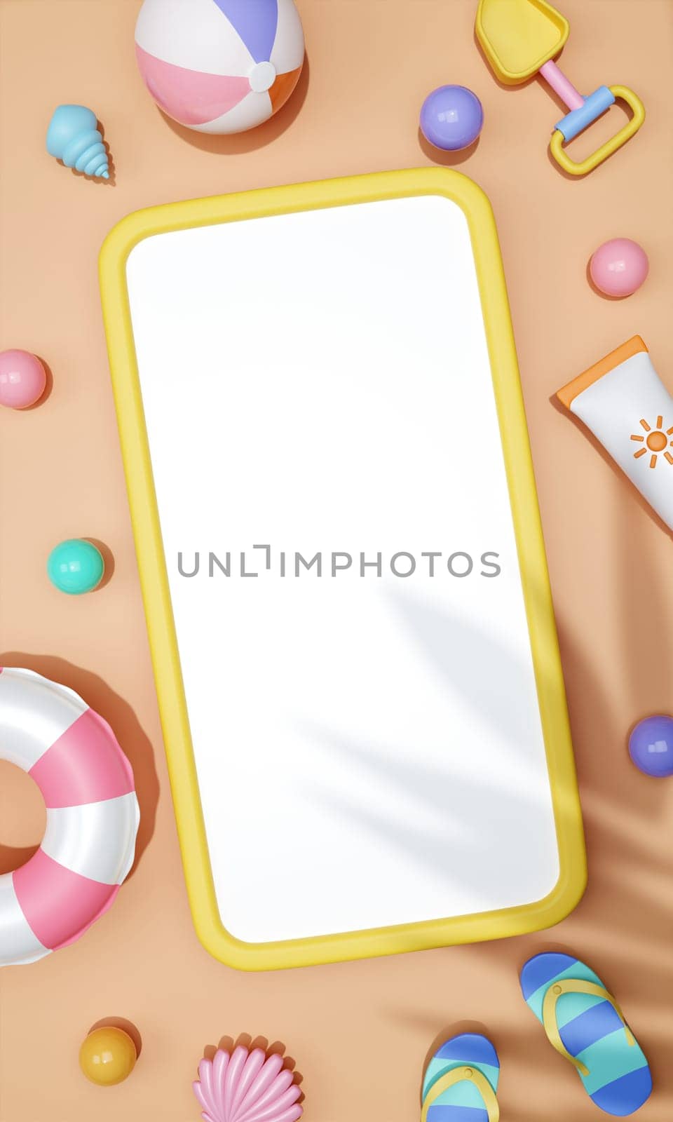 A mobile phone mockup with beach accessories. mobile application shop summer minimal promotion sale. 3d render illustration.