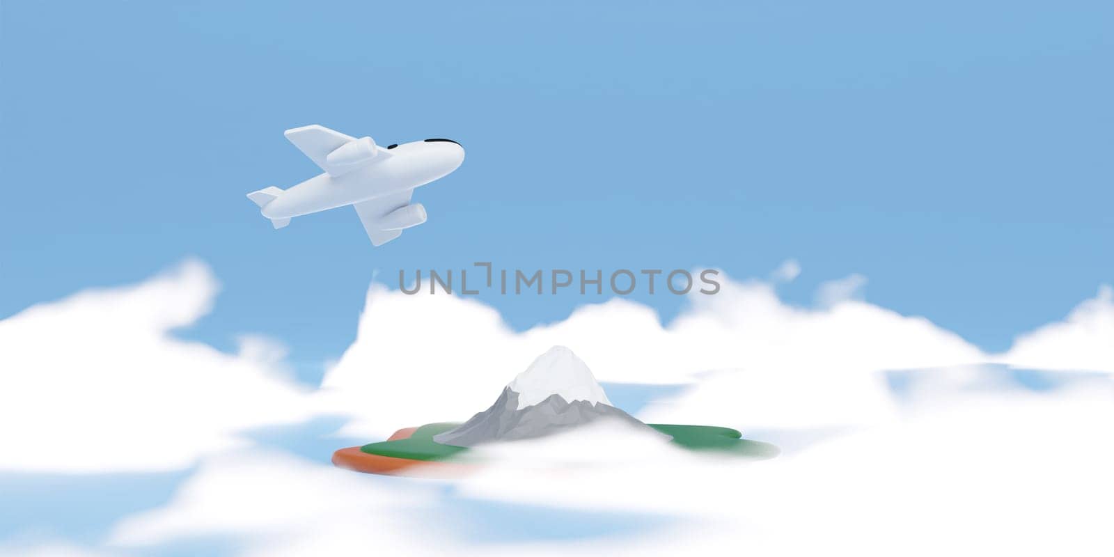 3D Airplane flying above island traveling concept 3d illustration by meepiangraphic