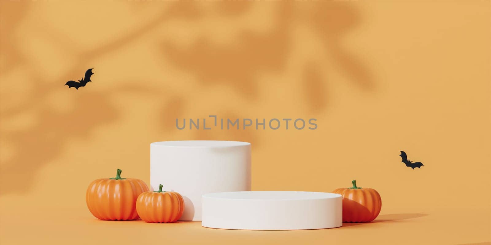 Podium or pedestal with pumpkins and bat for products display or advertising for Halloween, 3d render.