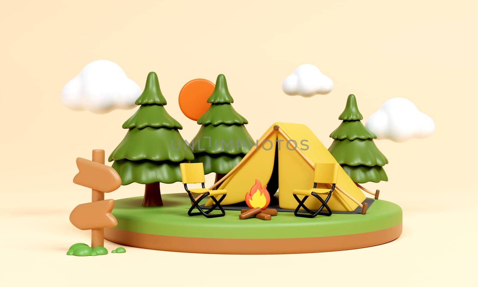 3d Campsite in nature and elements for camping, summer camp, traveling evening, trip, hiking. Concept. 3d rendering illustration..