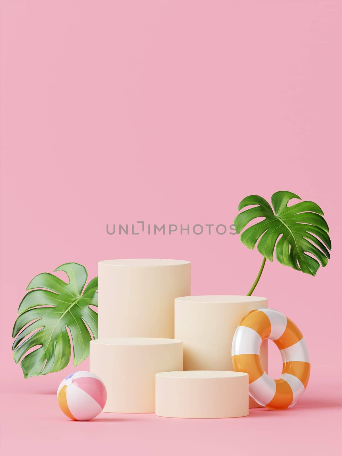 3d render of podium with swim rings, monstera and ball , Summer holiday, Time to travel concept. Creative travel concept idea with copy space. illustration banner 3d rendering illustration by meepiangraphic