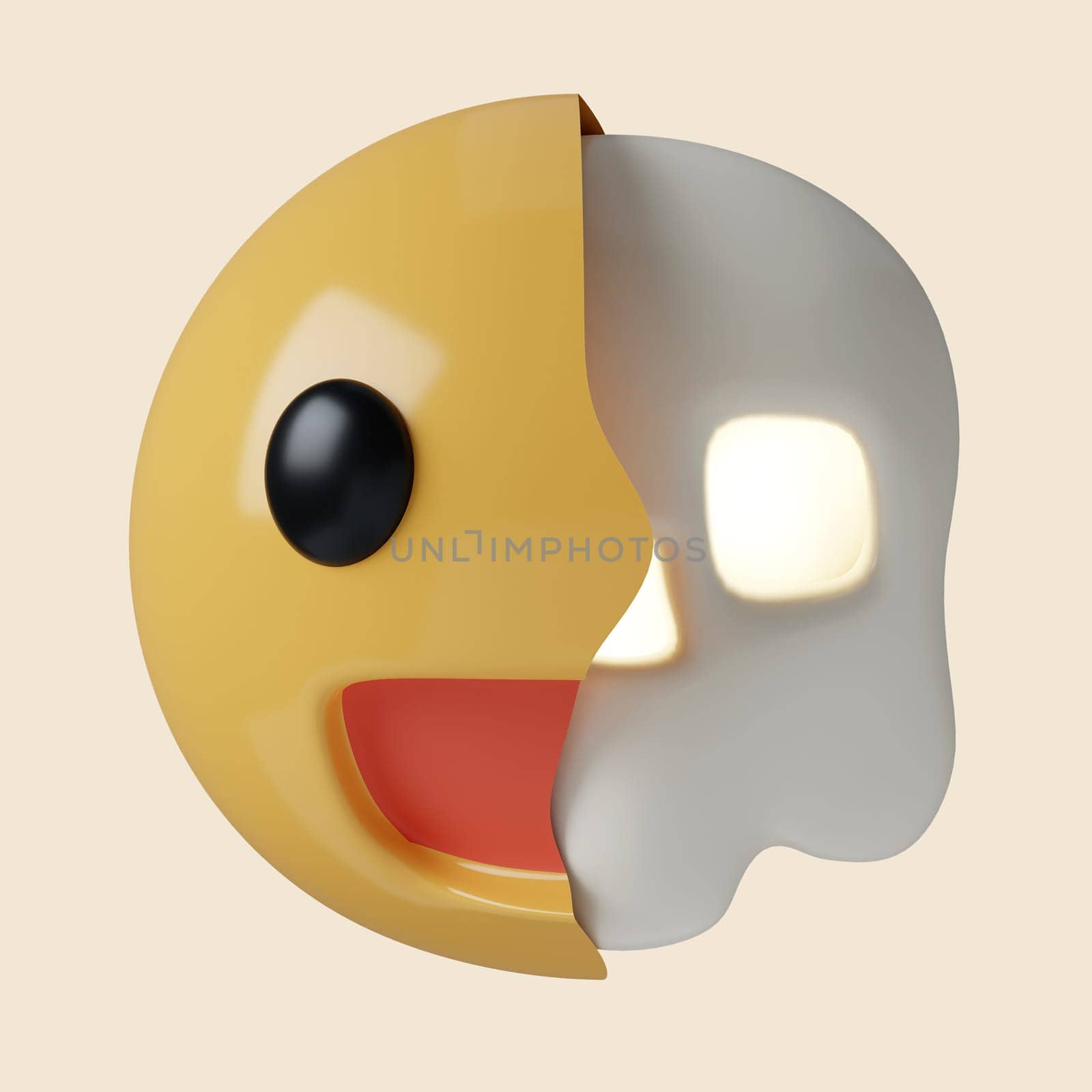 3d Halloween Half skull emoticon icon. Traditional element of decor for Halloween. icon isolated on gray background. 3d rendering illustration. Clipping path..