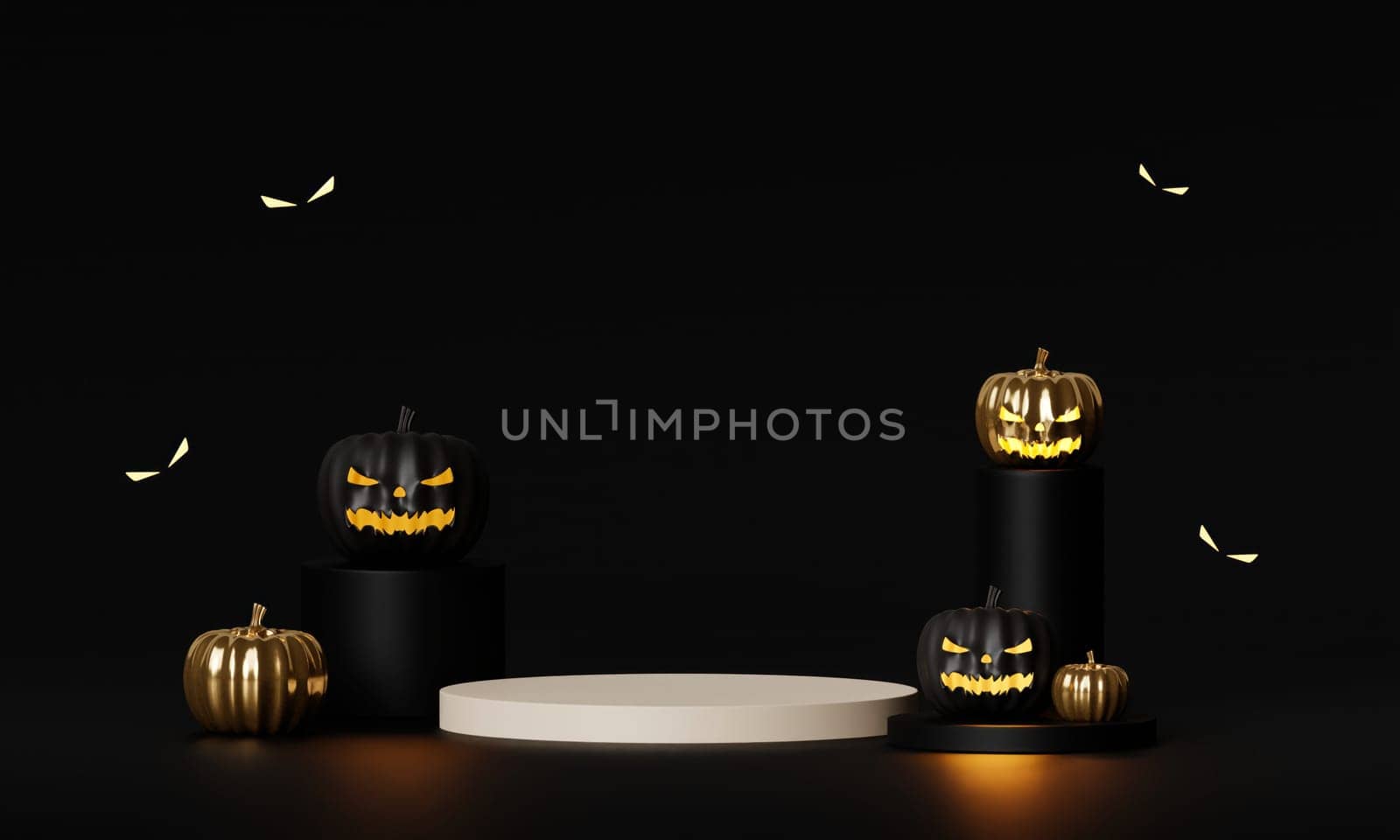 Halloween podium on black background with scary faces pumpkins are glowing in dark. Black and gold template for Halloween. 3d render..