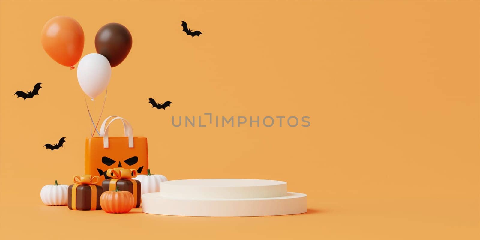 Halloween with pumpkin and empty minimal podium pedestal product display background and Halloween Elements. 3d render..