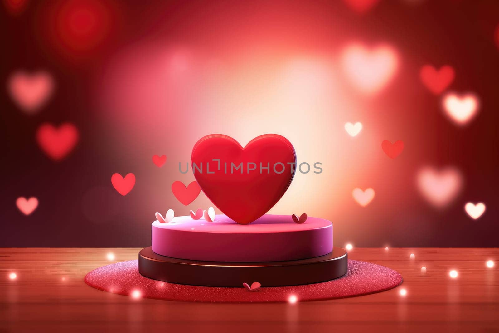 Valentines podium pedestal with 3d pink heart and cloud . generative ai by matamnad