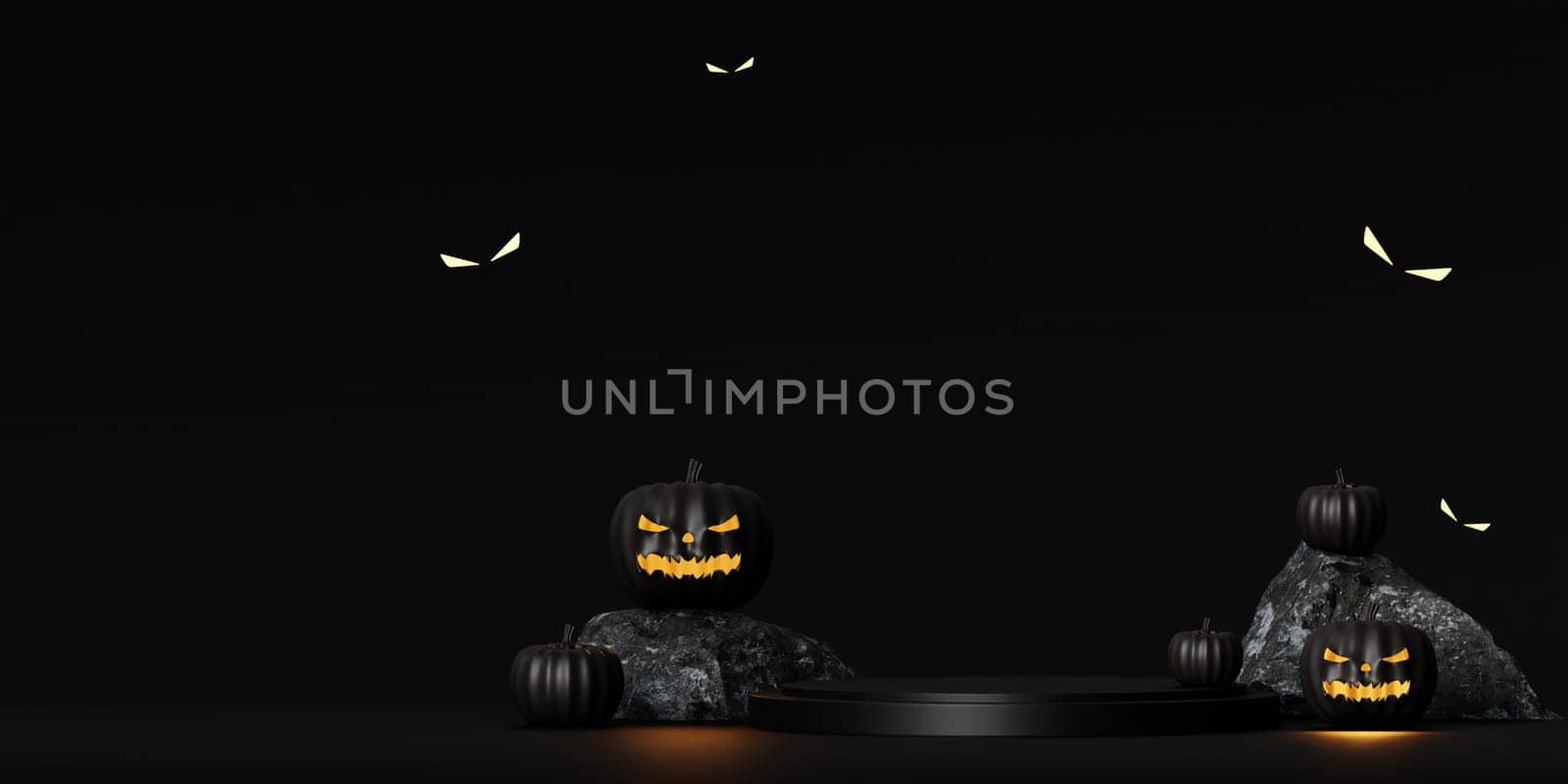 Halloween podium on black background with scary faces pumpkins are glowing in dark. Black and gold template for Halloween. 3d render. by meepiangraphic