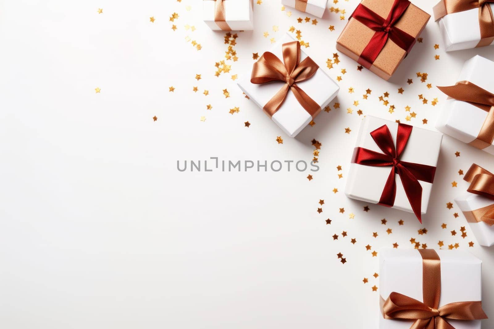 Merry Christmas. Modern Christmas flat lay with gift boxes background .Generative AI by matamnad