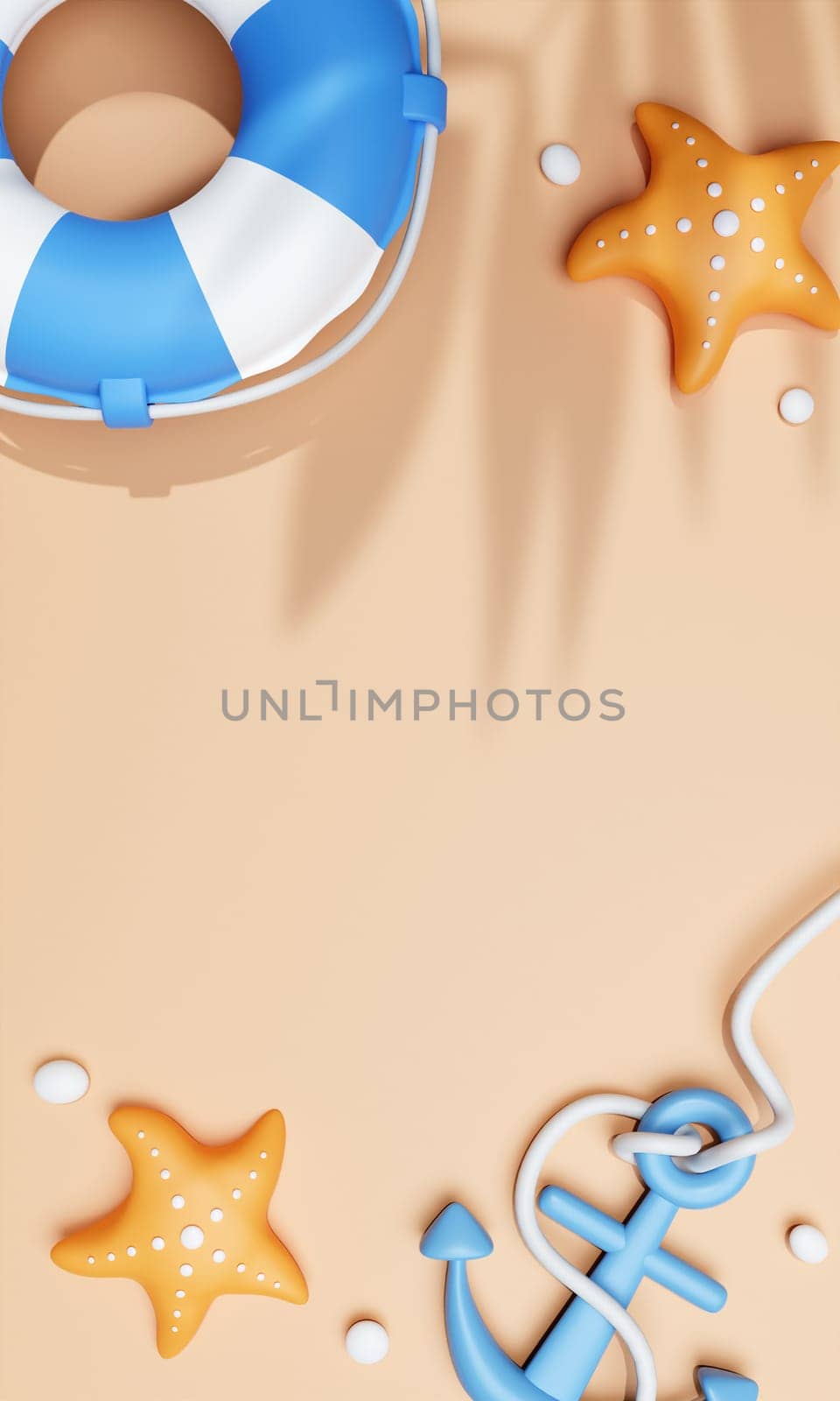 Inflatable ring, starfish and anchor on beach sand. summer vacation concept. Creative travel concept idea with copy space. illustration banner 3d rendering illustration.