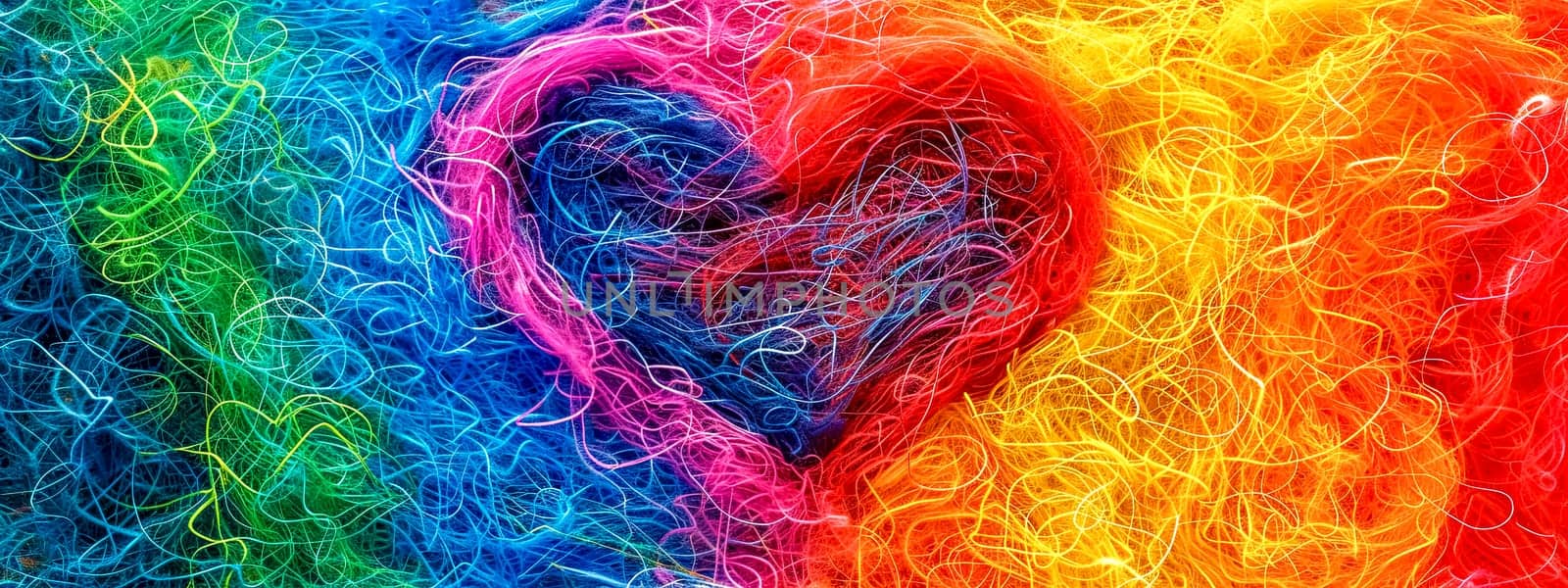 A close up of a rainbow colored yarn with a heart in the middle by Edophoto