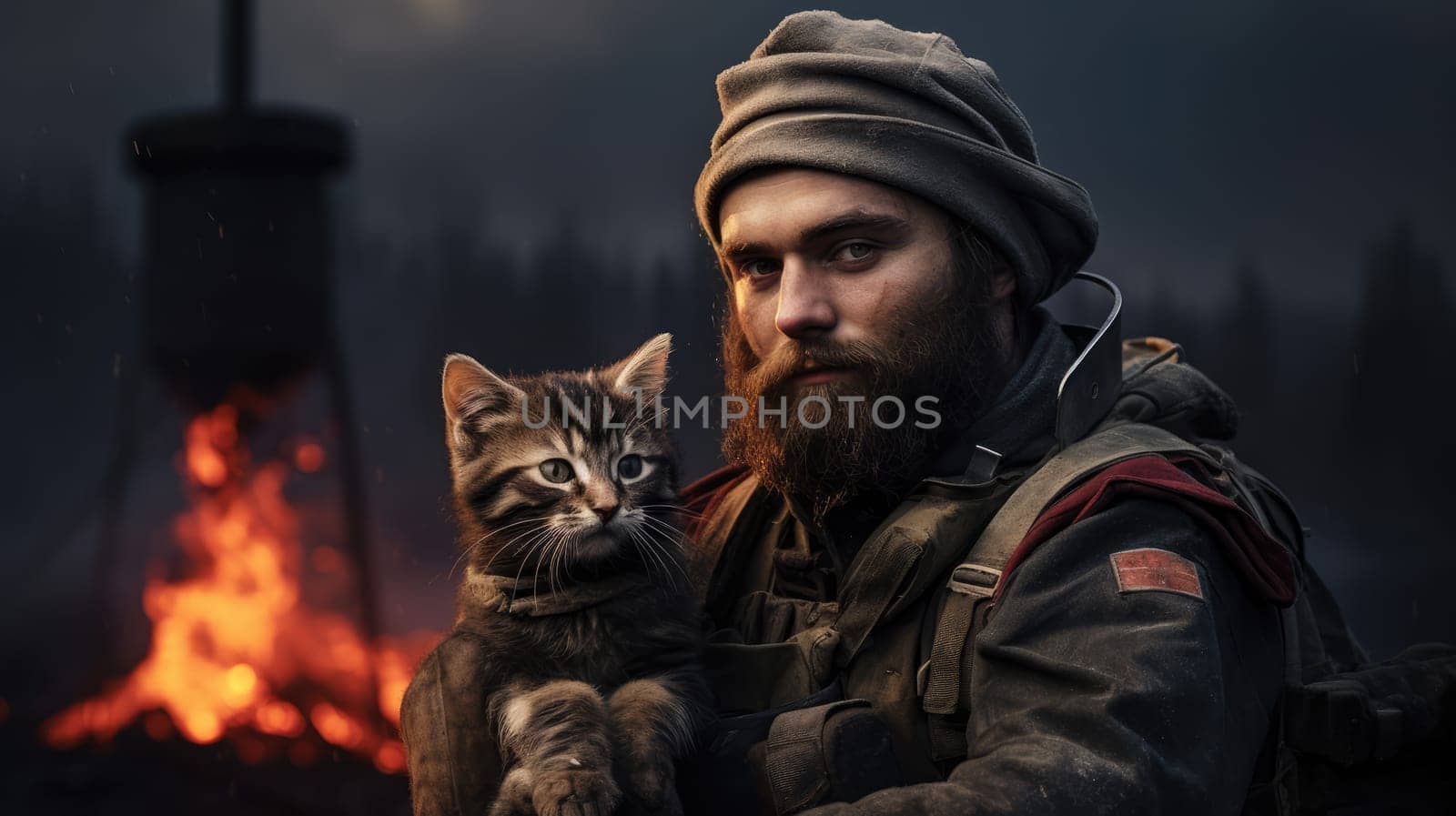 War and domestic animals. Portrait of a military man holding a kitten in his arms during the warfare