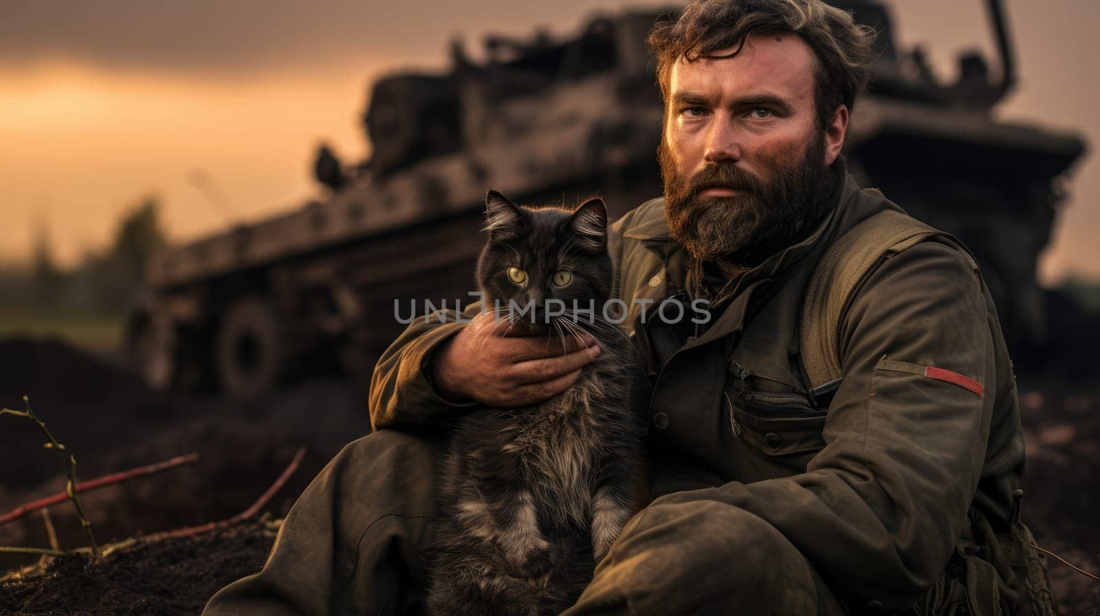 War and domestic animals. Portrait of a military man holding a kitten in his arms during the warfare