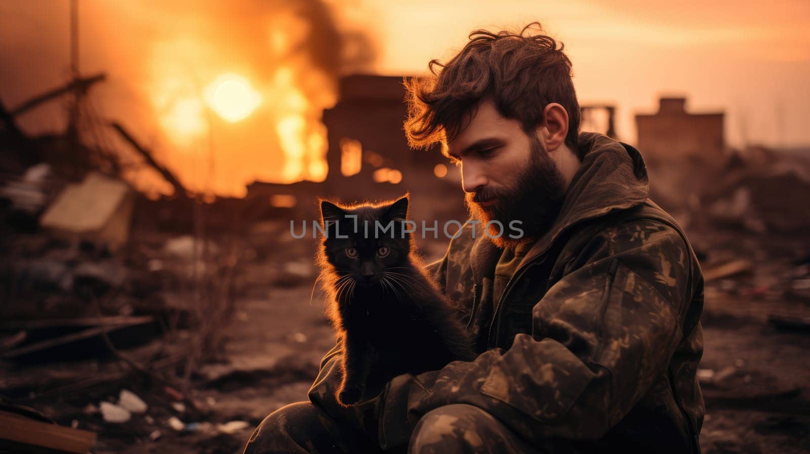 War and domestic animals. Portrait of a military man holding a kitten in his arms during the warfare