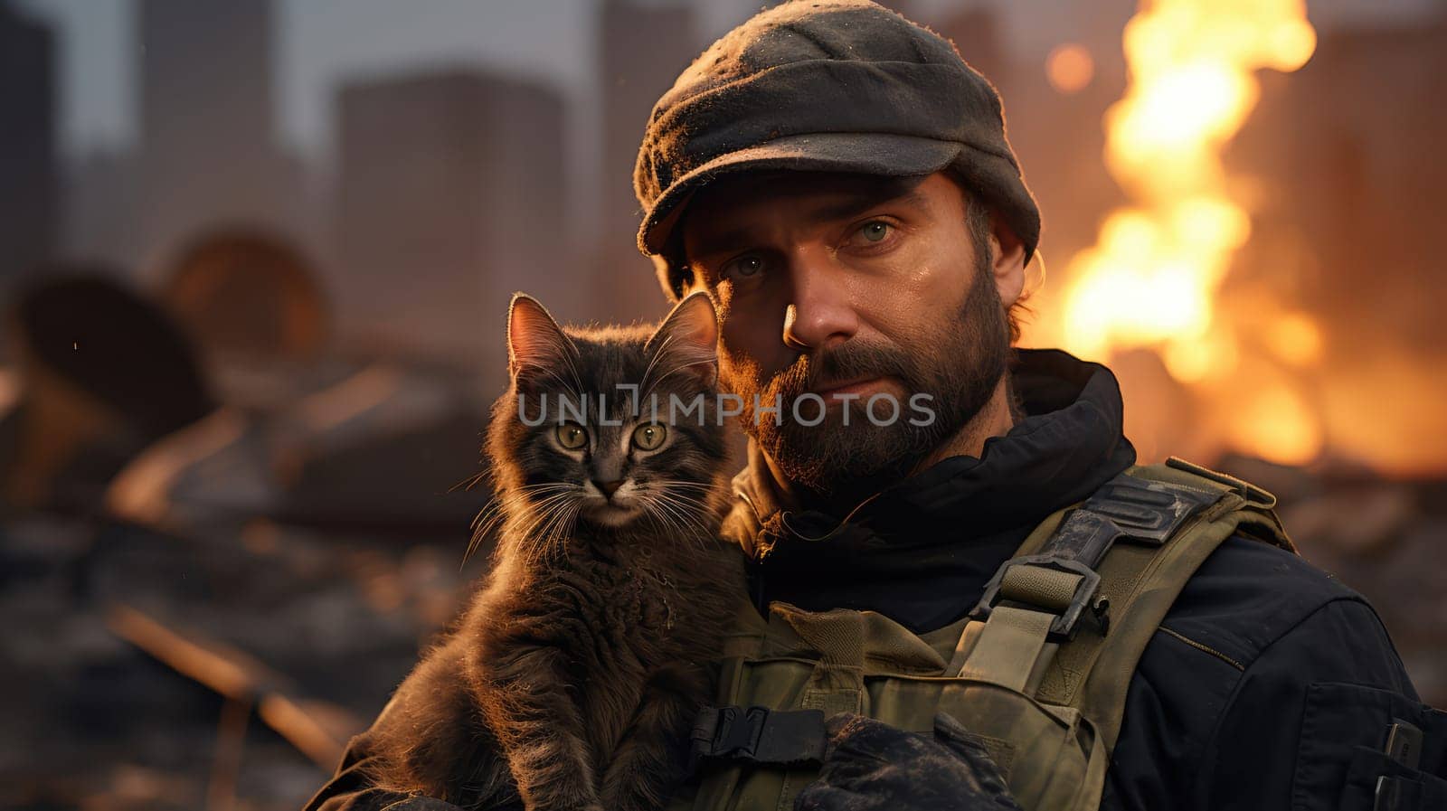 War and domestic animals. Portrait of a military man holding a kitten in his arms during the warfare