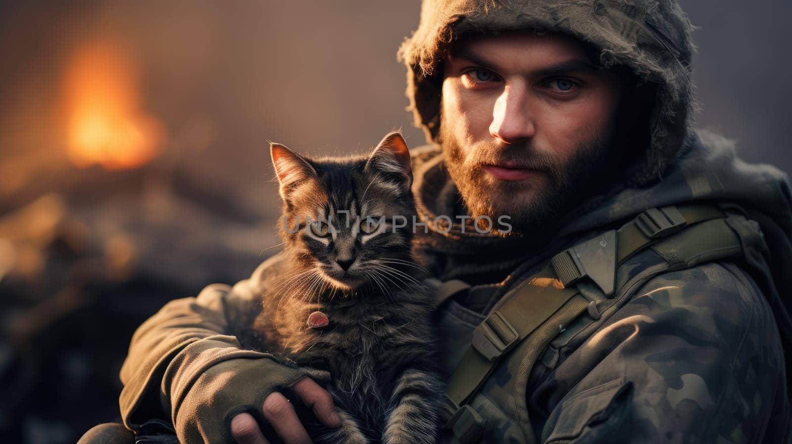 War and domestic animals. Portrait of a military man holding a kitten in his arms during the warfare