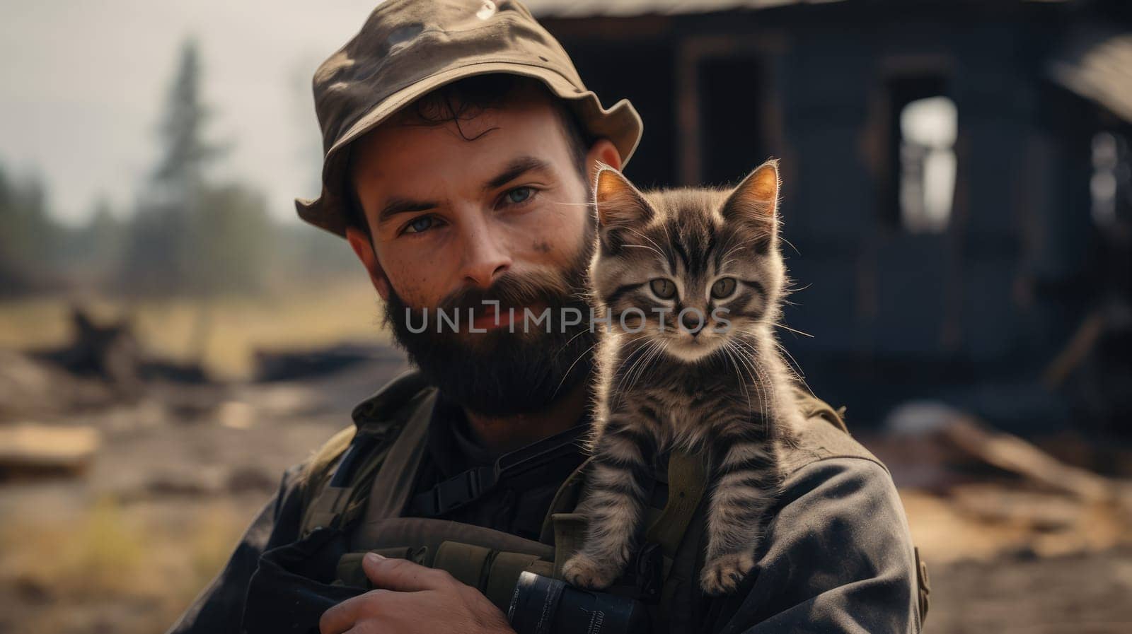 Portrait of a military man holding a kitten by palinchak