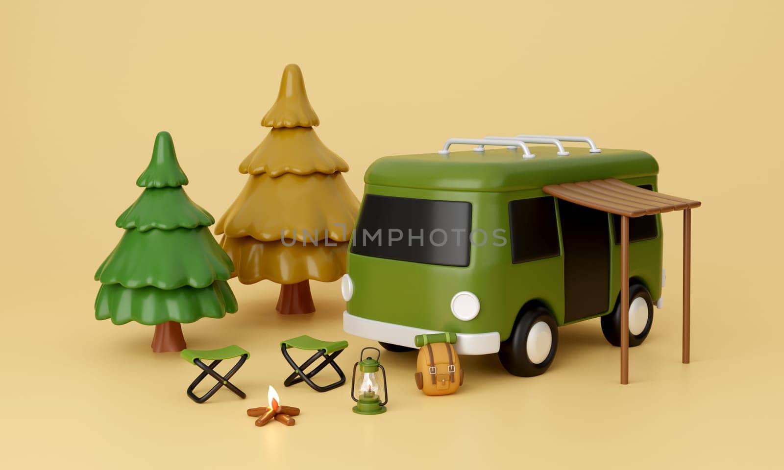 3d Camp van and elements for camping, camp fire, trip, hiking. Concept. 3d rendering illustration..