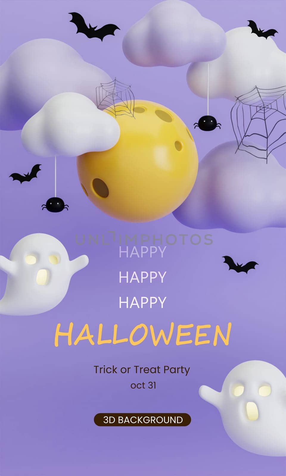 3d Happy Halloween background. white ghost cute with the moon, cloud and bat. Halloween concept. Traditional October holiday. copy space. 3d render..