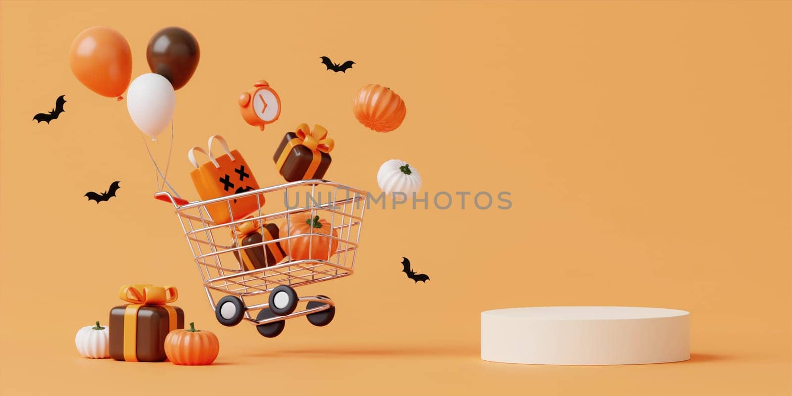 Halloween with pumpkin and empty minimal podium pedestal product display background and Halloween Elements. 3d render. by meepiangraphic