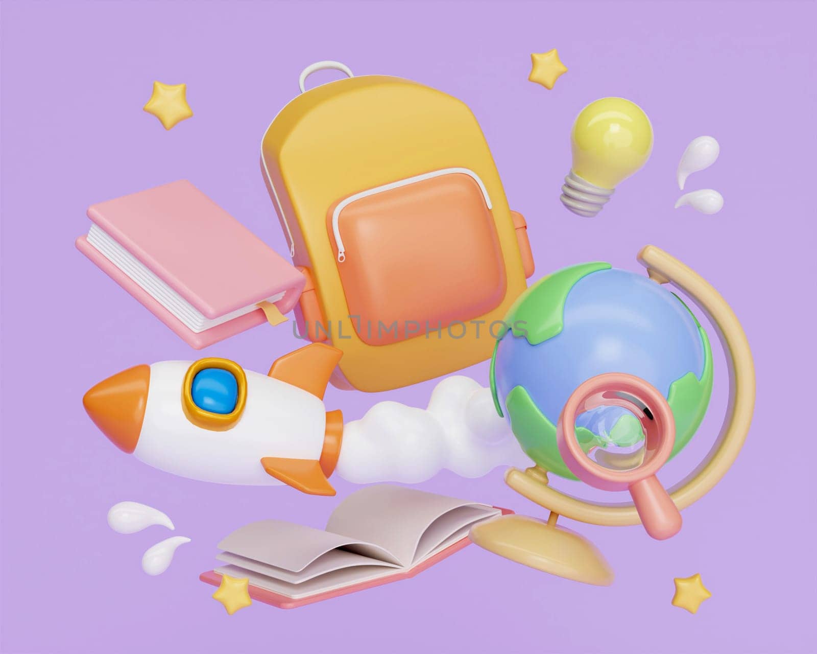 3d education concept. school accessories on purple background. back to school. 3d rendering illustration..