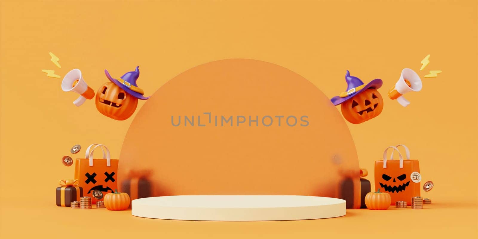 Halloween with pumpkin and empty minimal podium pedestal product display background and Halloween Elements. 3d render..