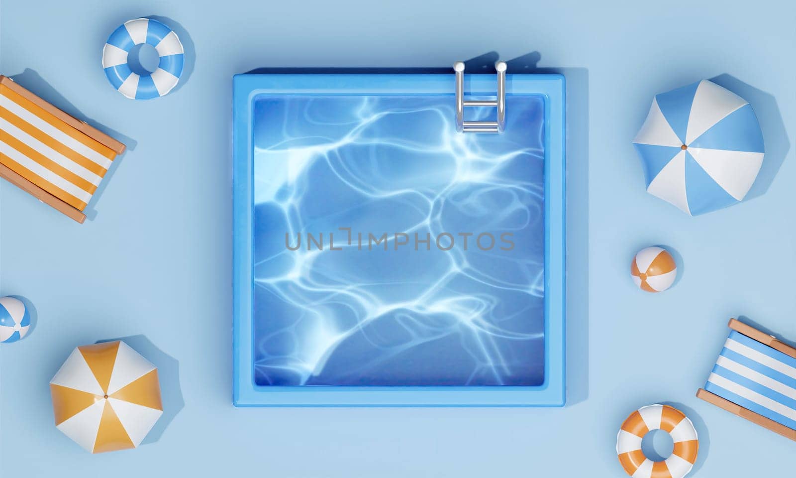 Swimming pool with Beach chair, swimming ring, ball and umbrella. Summer vacation vibes. Creative travel concept idea with copy space. 3d rendering illustration.