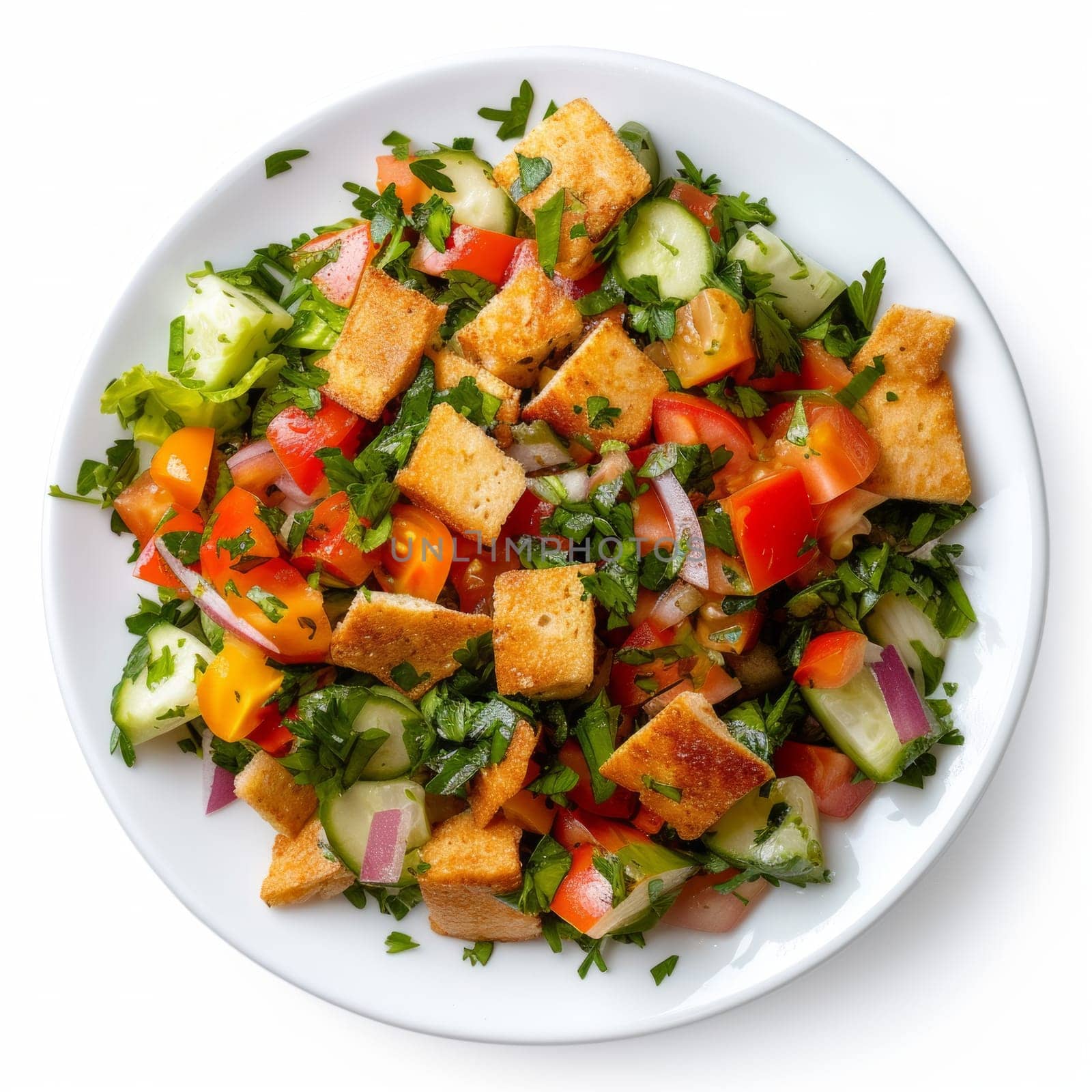 Salad fattoush. Healthy vegetarian food. Traditional Middle Eastern salad. Close up, top view.