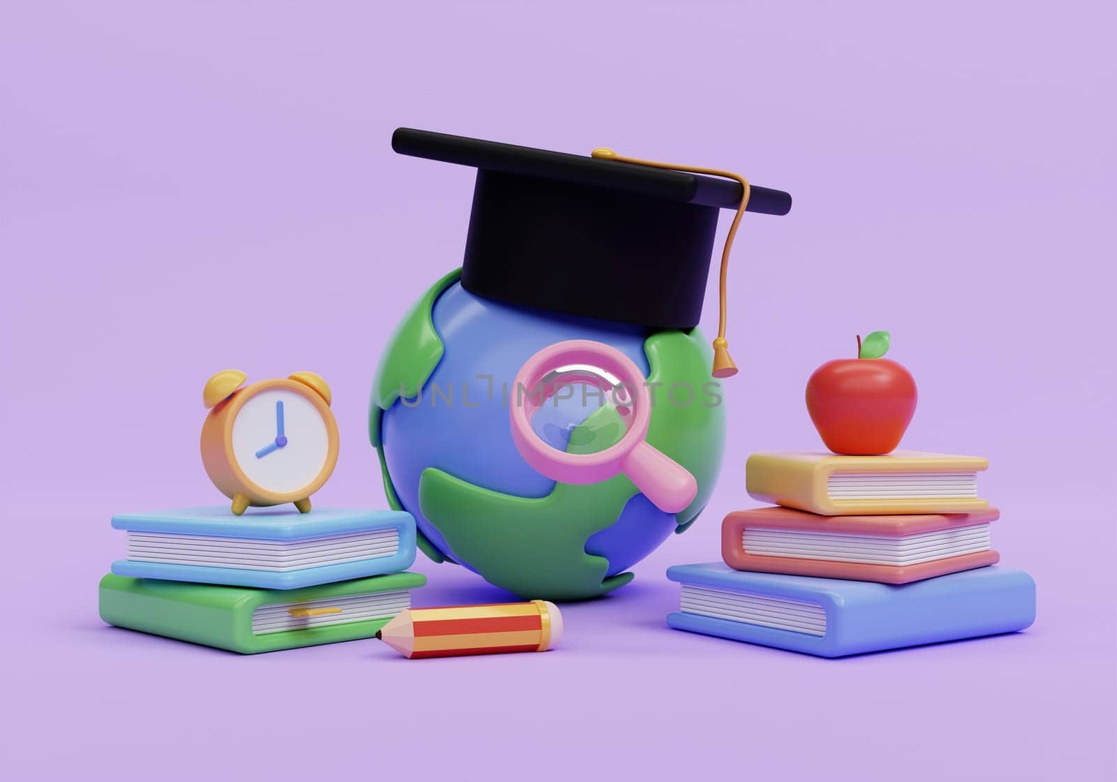 3d education concept. globe with graduation hat with school accessories on purple background. back to school. 3d rendering illustration..