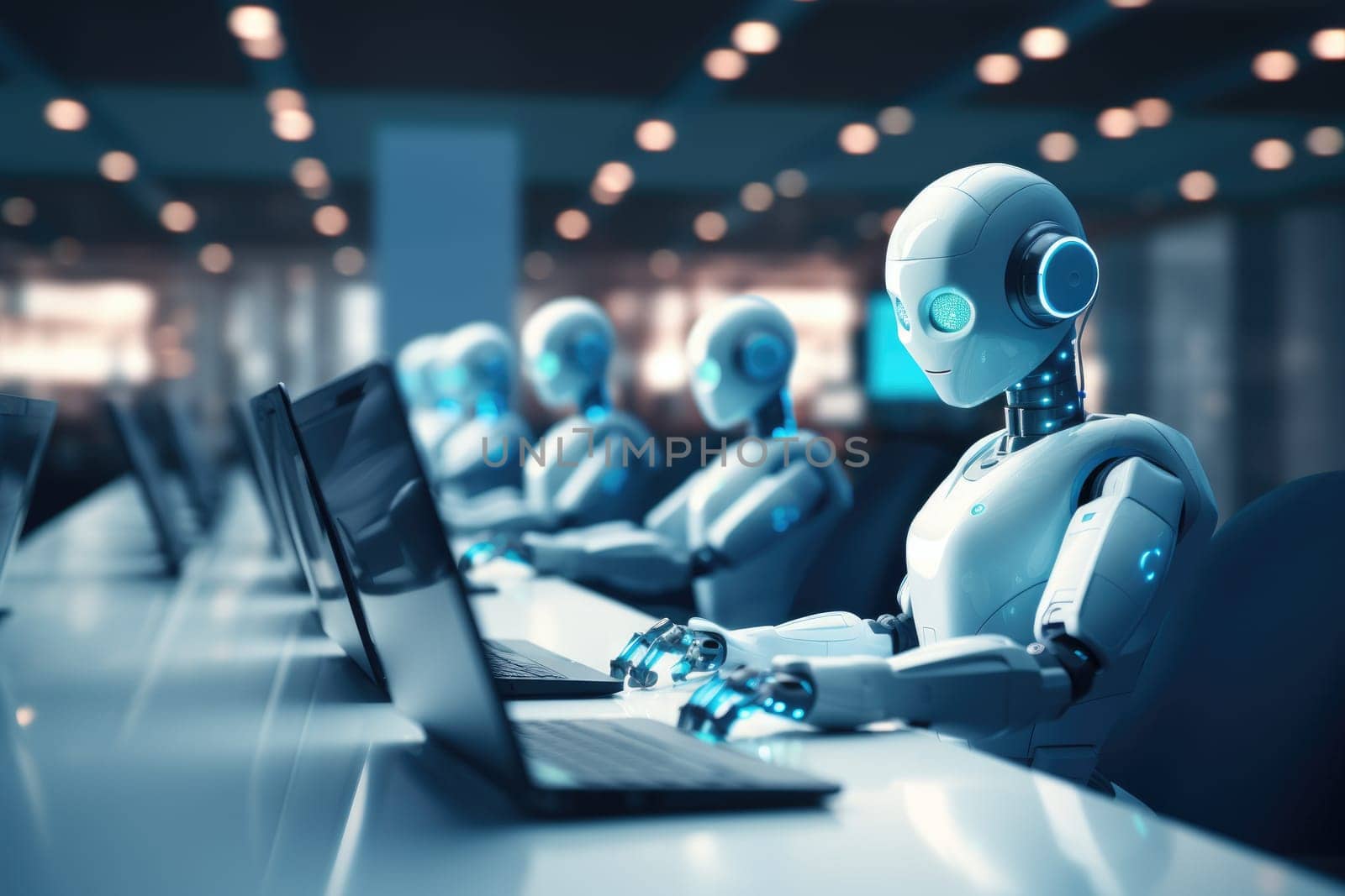 robots sitting at table and working on laptops n in modern office. AI generative.