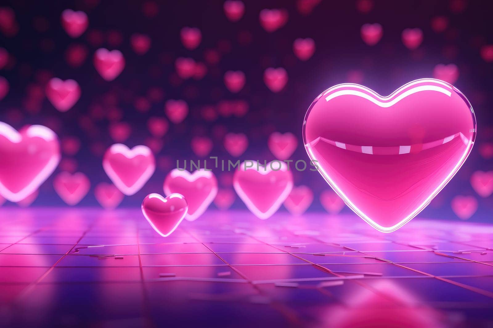 a pink neon light with hearts of heart, romantic frame background Generative AI.