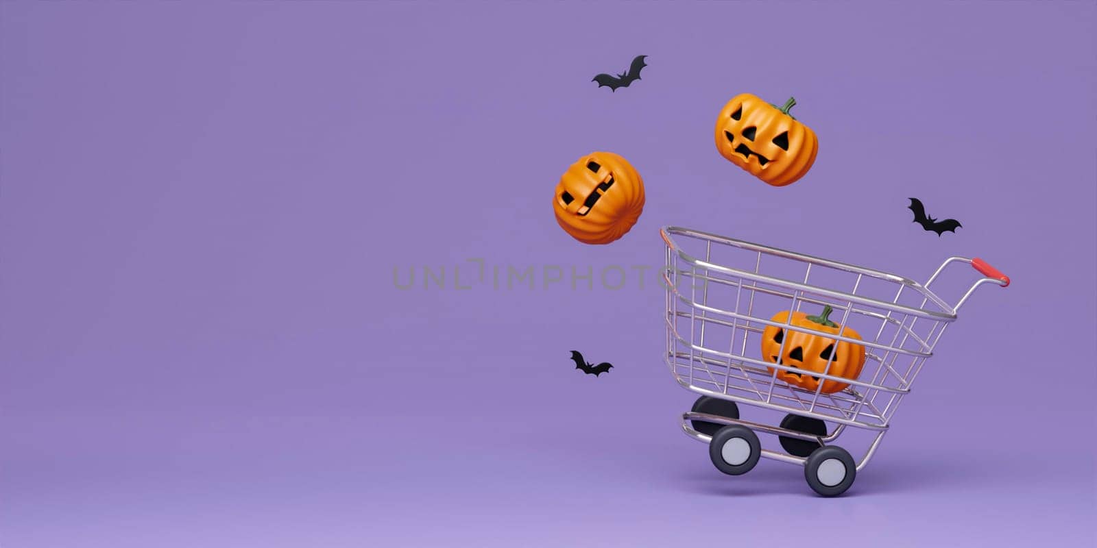 Halloween festival shopping concept. Halloween pumpkins with shopping cart on purple background with copy space..