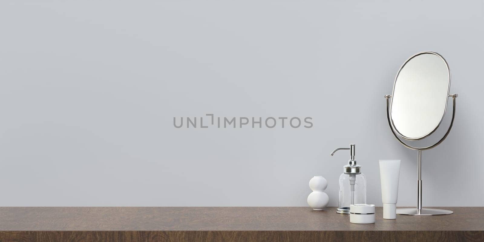 Empty modern, minimal and cream dressing table top in white wall bedroom for beauty, cosmetic product display background.