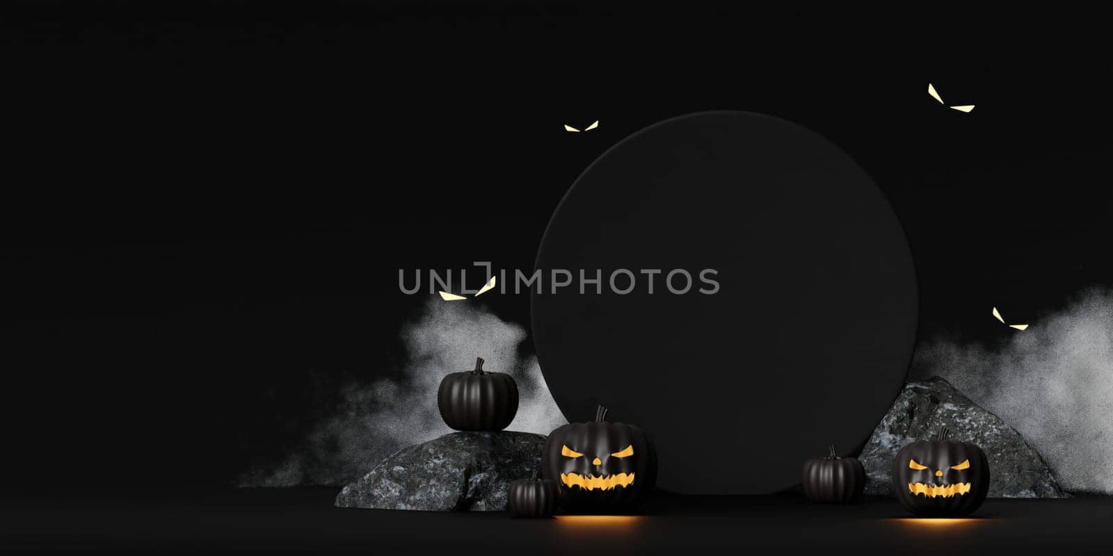 Halloween podium on black background with scary faces pumpkins are glowing in dark. Black and gold template for Halloween. 3d render. by meepiangraphic