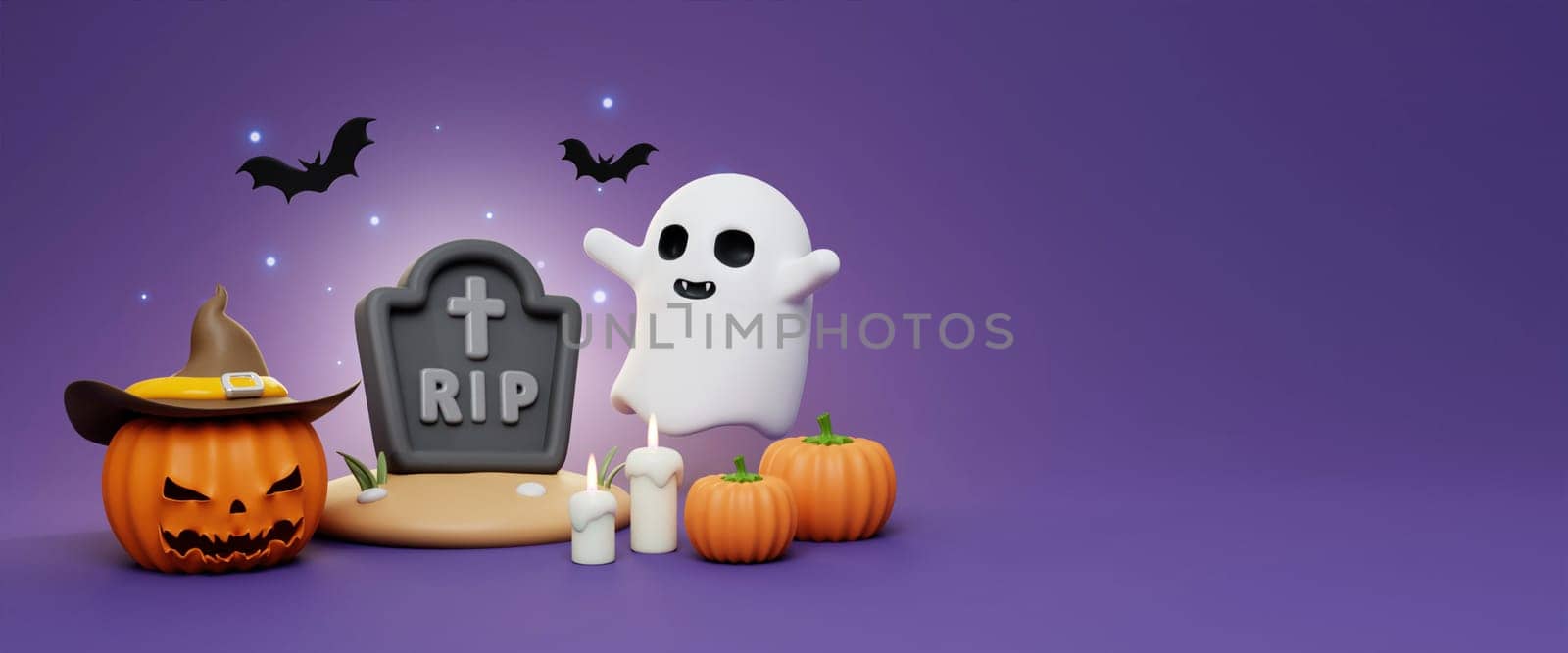 Happy Halloween Festive. Halloween white ghost cute smile face. 3d cartoon style. Holiday Hallows' Eve or Saints' Eve. copy space. 3d render..