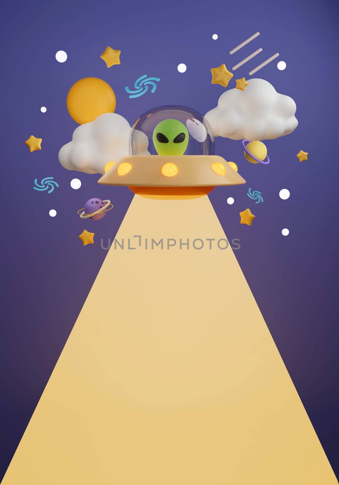 3d Creative cartoon space design with ufo alien with planets and space accessory on dark purple background. banner, 3d render illustration.