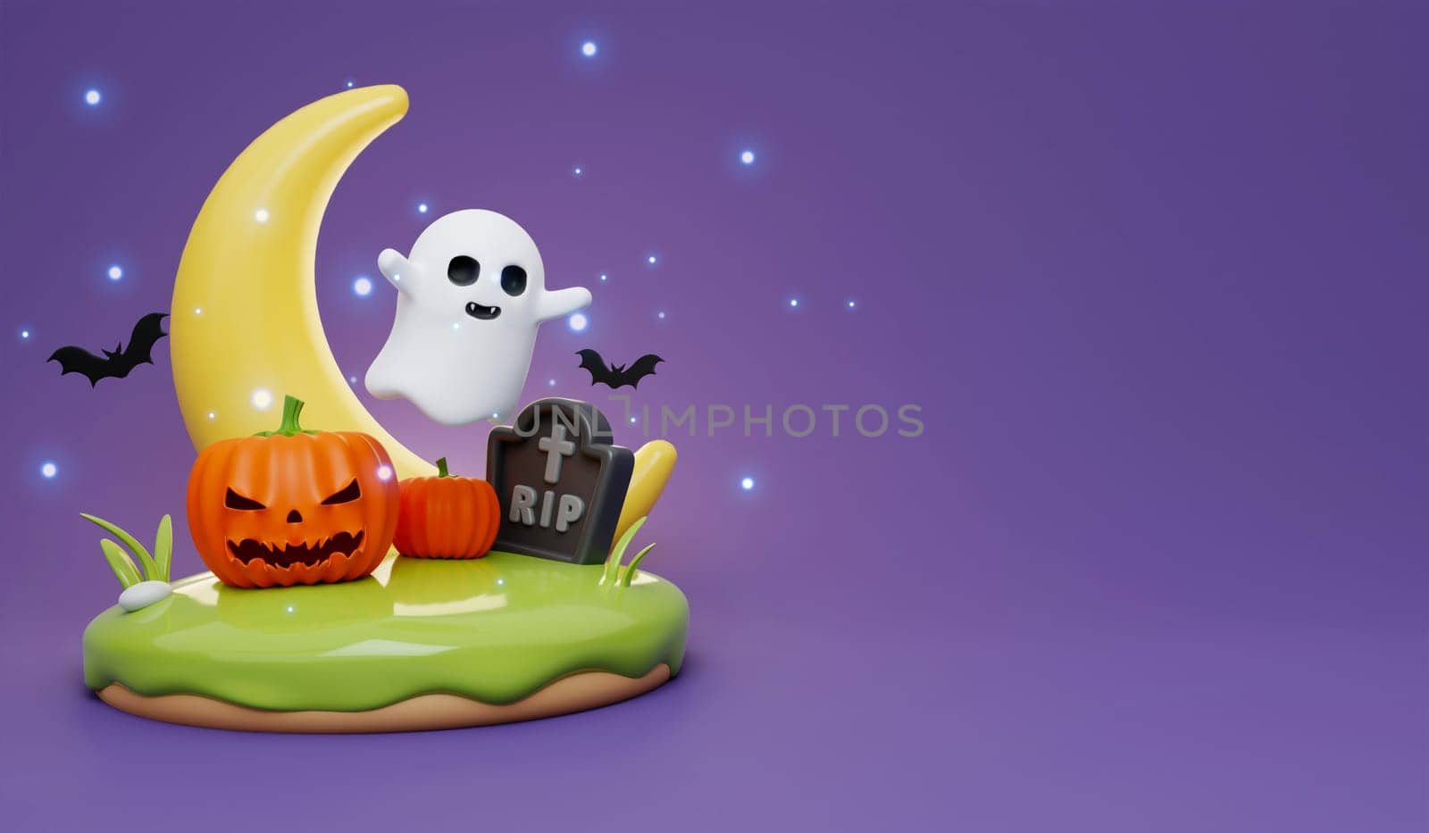 Happy Halloween Festive. Halloween white ghost cute smile face. 3d cartoon style. Holiday Hallows' Eve or Saints' Eve. copy space. 3d render.