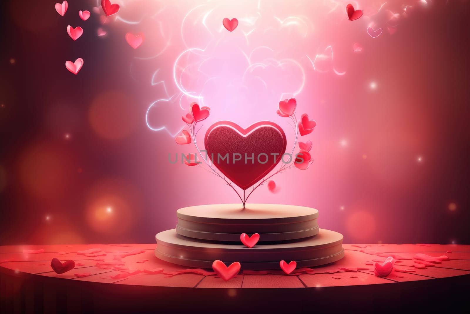 Valentines podium pedestal with 3d pink heart and cloud . generative ai by matamnad