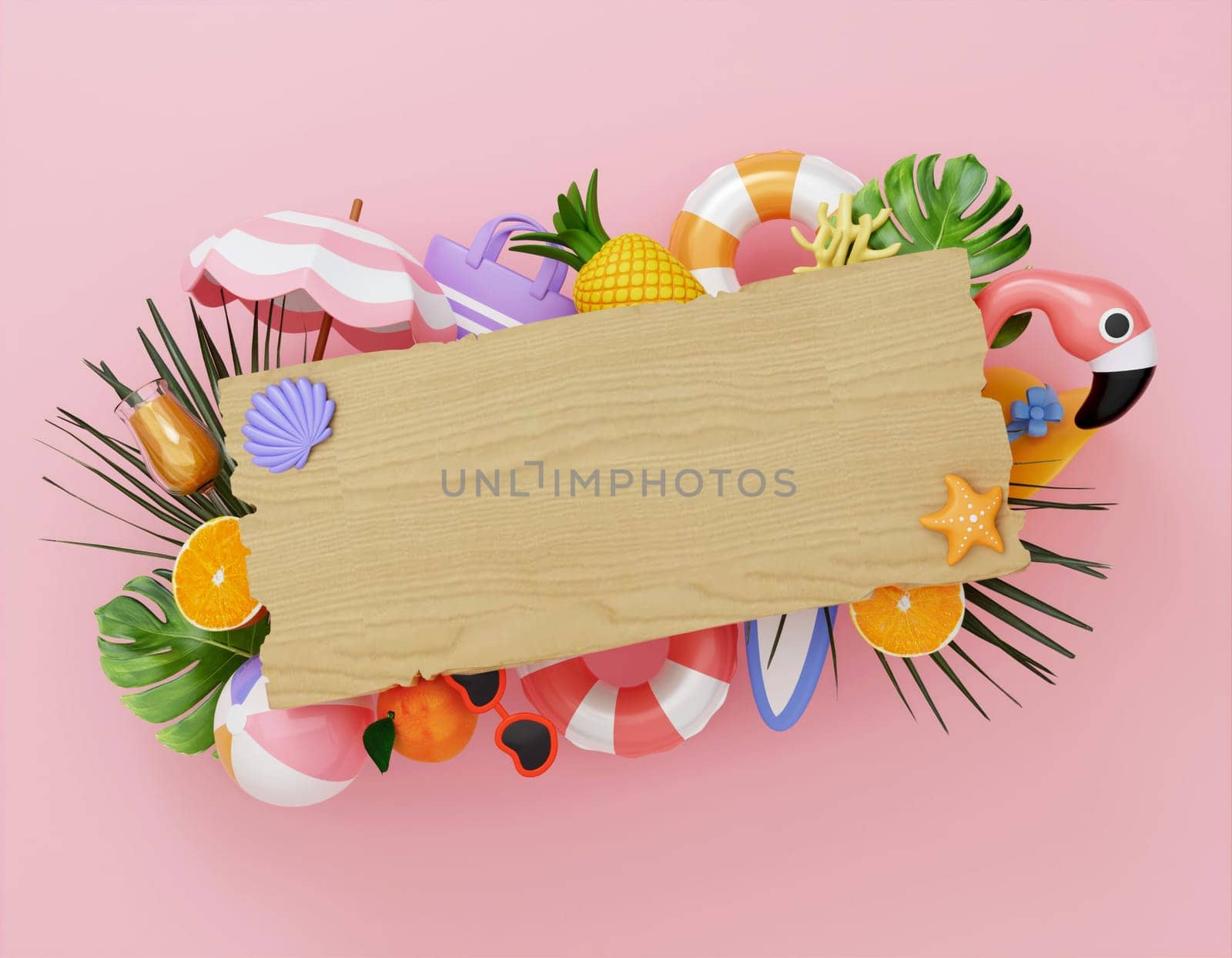 3d Creative Summer Commercial Border with beach accessories on pink background. summer vacation and holidays concept. d illustration. 3d banner. 3d rendering illustration.
