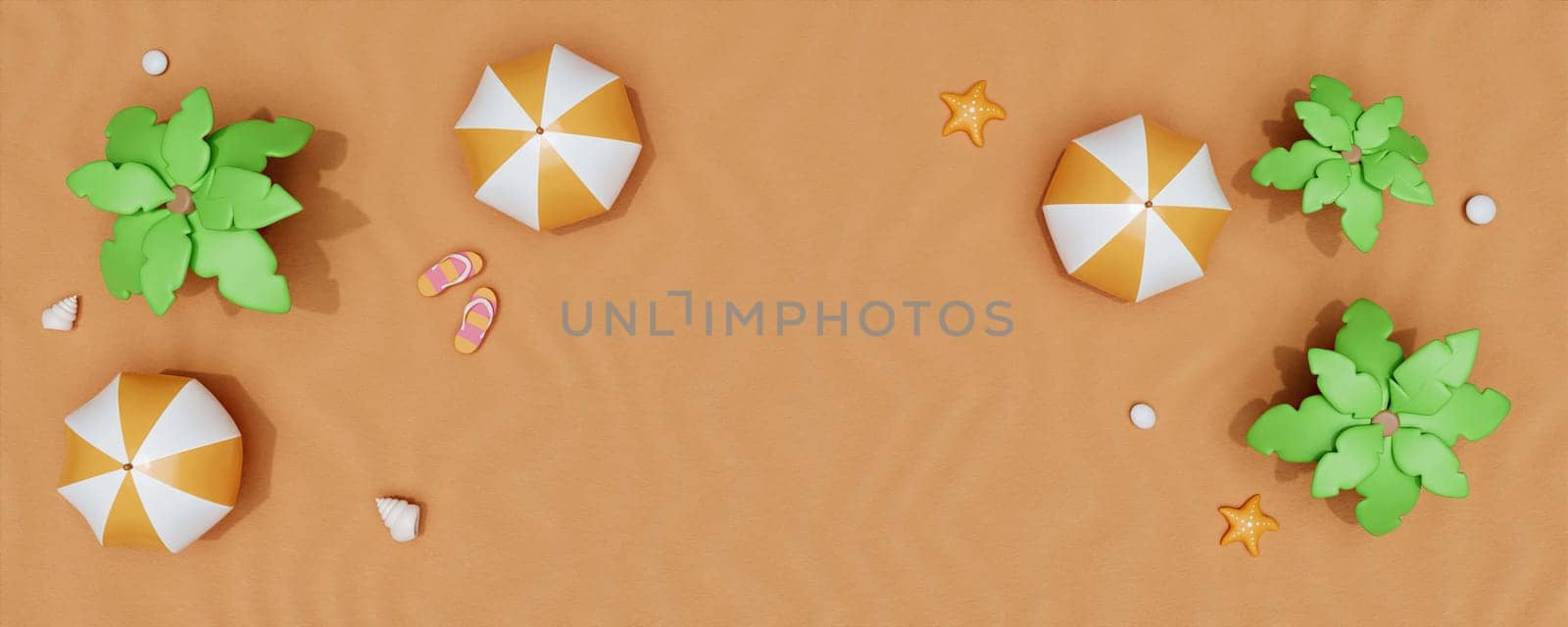 3d render top view. summer beach scene and palm leaves, umbrella. Summer time season background. by meepiangraphic