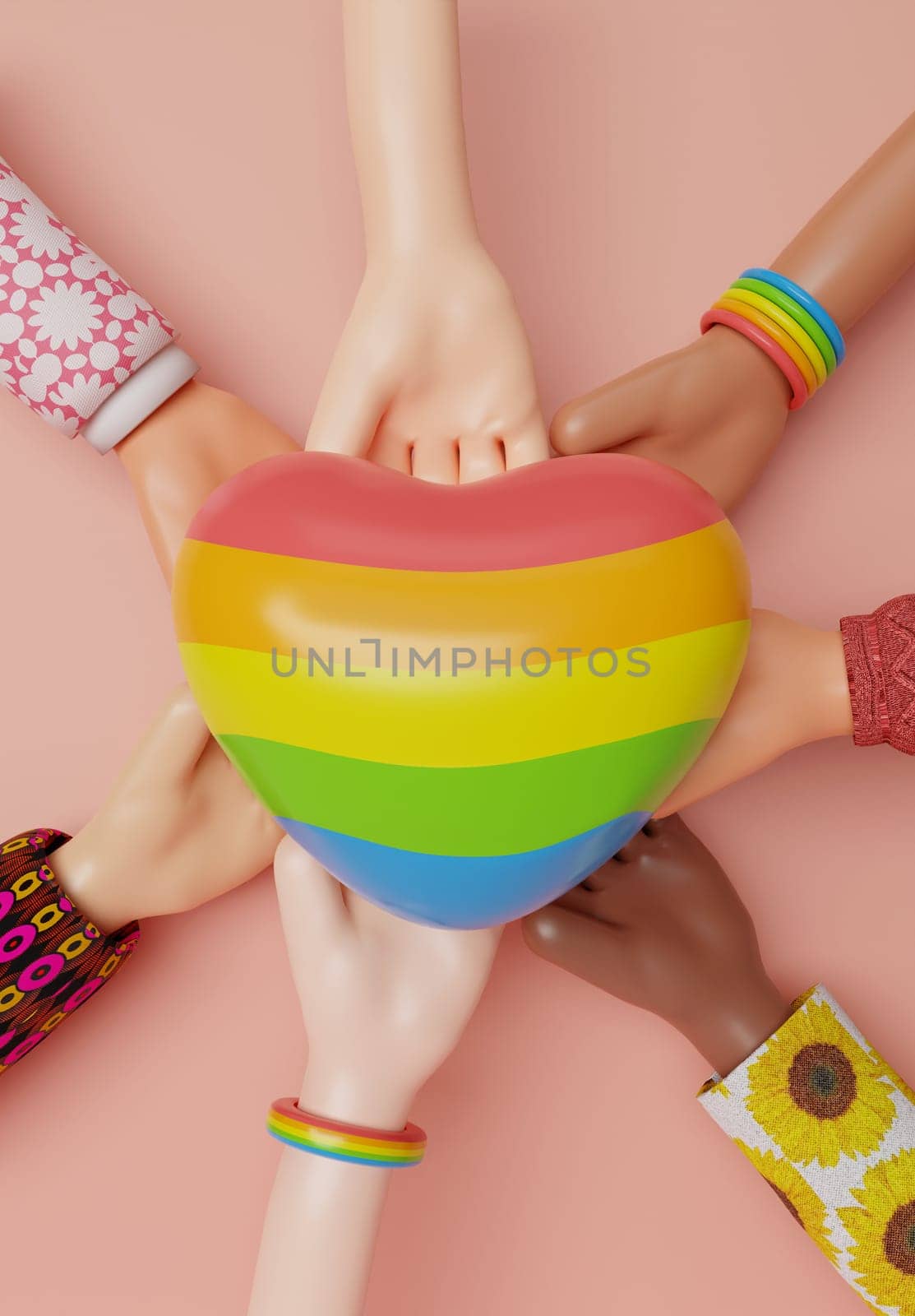 3d LGBT pride parade poster. Cartoon hands celebrating bisexual homosexual transgender equality. 3d rendering illustration..